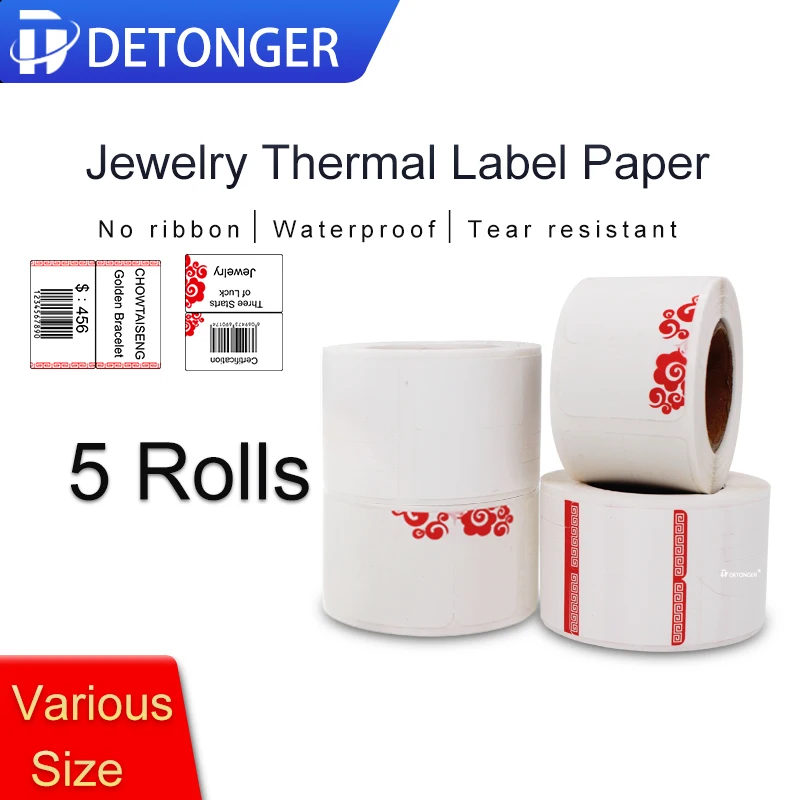 DETONGER Thermal Jelwery Label Paper 5 Rolls Waterproof Oilproof Scratchproof  Price Tag Free App Template Sticker Paper white thermal label printer paper 7 rolls sticker adhensive bacord qr code price tag waterproof oilproof scratchproof anti alcoh