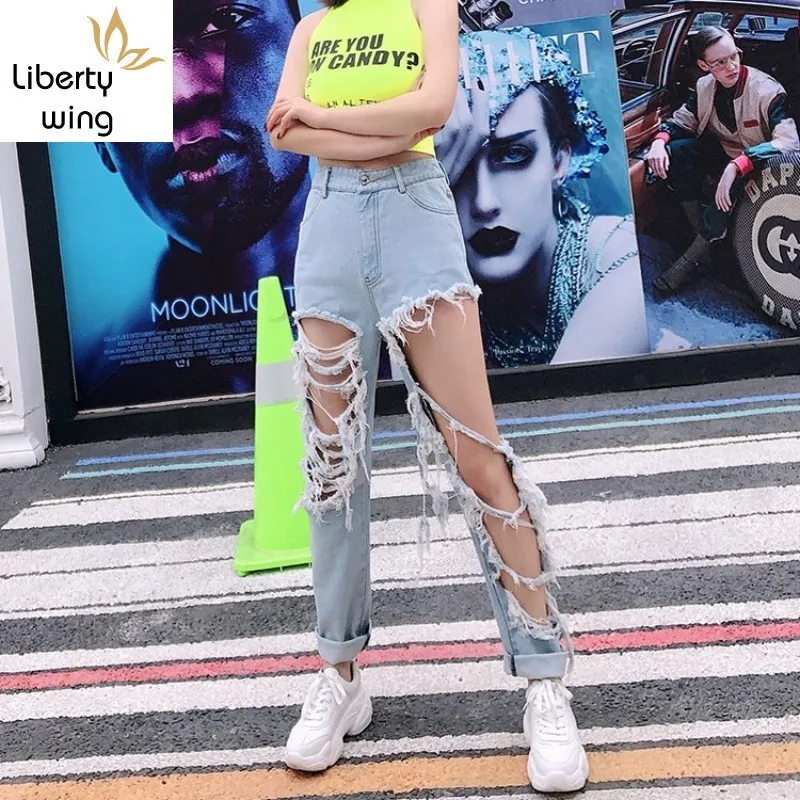 Женские рваные джинсы Harajuku с вырезами новые летние мешковатые брюки высокой