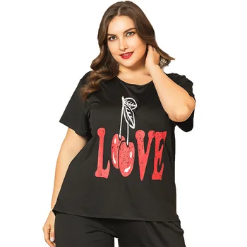 

Plus size home service fat lady plus size home service two-piece suit LOVE print loose short-sleeved trousers