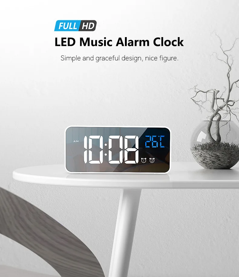 

Memory Function LED Mirror Alarm Clock Sound-Activated Clock Rechargeable Bedside Music Clock Dual Alarms With Snooze Function