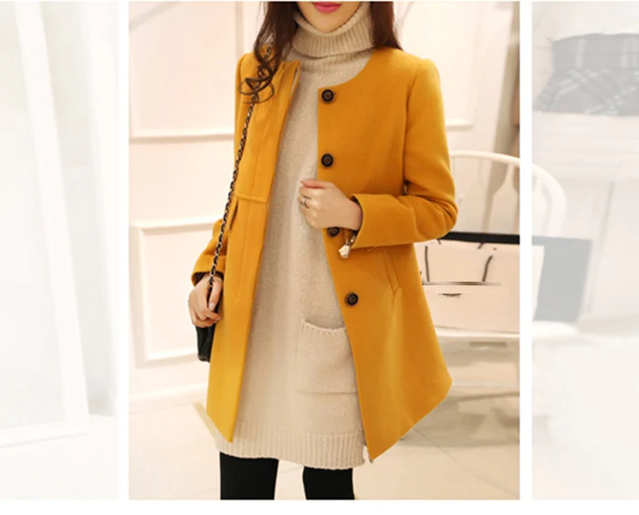 Новинка 2019 весна осень плюс размер шерстяное пальто женское свободное A-aline с длинным рукавом o-образным вырезом средней длины черное желтое