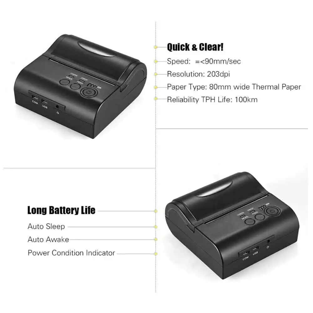Portable Mini 80mm Bluetooth Wireless Thermal Receipt Ticket Printer For Mobile Phone Android iOS Bill Machine shop printer