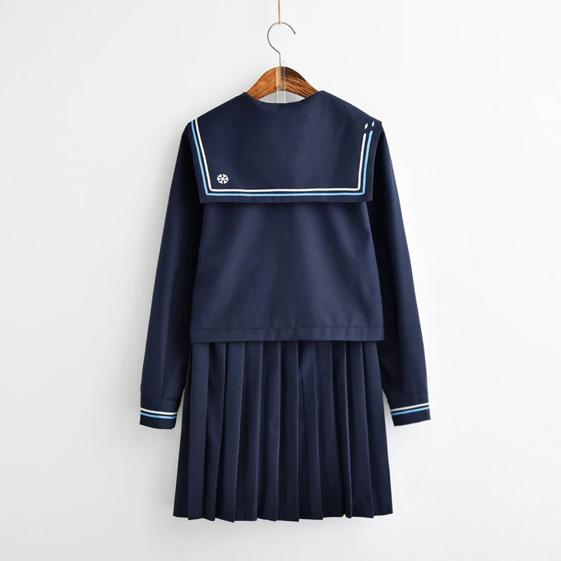 Темно-синий японская школьная униформа для девочек топ для девочек в морском стиле, топы, юбка в складку вышивка "снег" Косплэй костюм JK