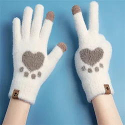 Winter Women's Fluff Gloves Touchscreen Cat Paw Pattern Warm Split Finger Glove Fleece Outdoor Cycling Driving Cold-Proof Glove