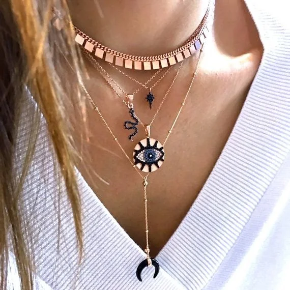 Promotion Rose Gold Geometric Trendy Lady Jewelry Engraved CZ Lucky Turkish Evil Eye Charm Round Coin Pendant Necklace | Украшения и