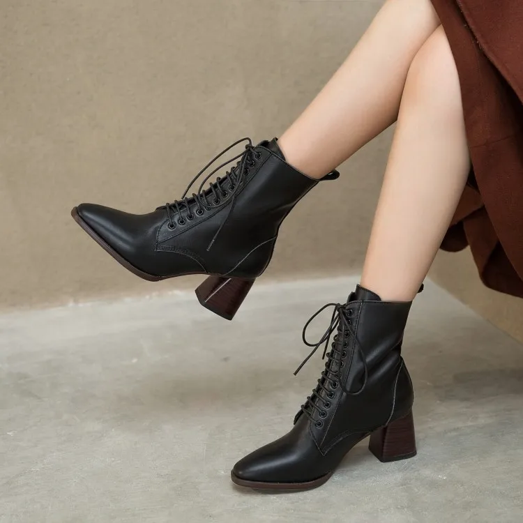 

Tanariya New Arrival Shoes woman Boots women Pointy Martin boots leather thick heel heels lace-up ankle boots girl