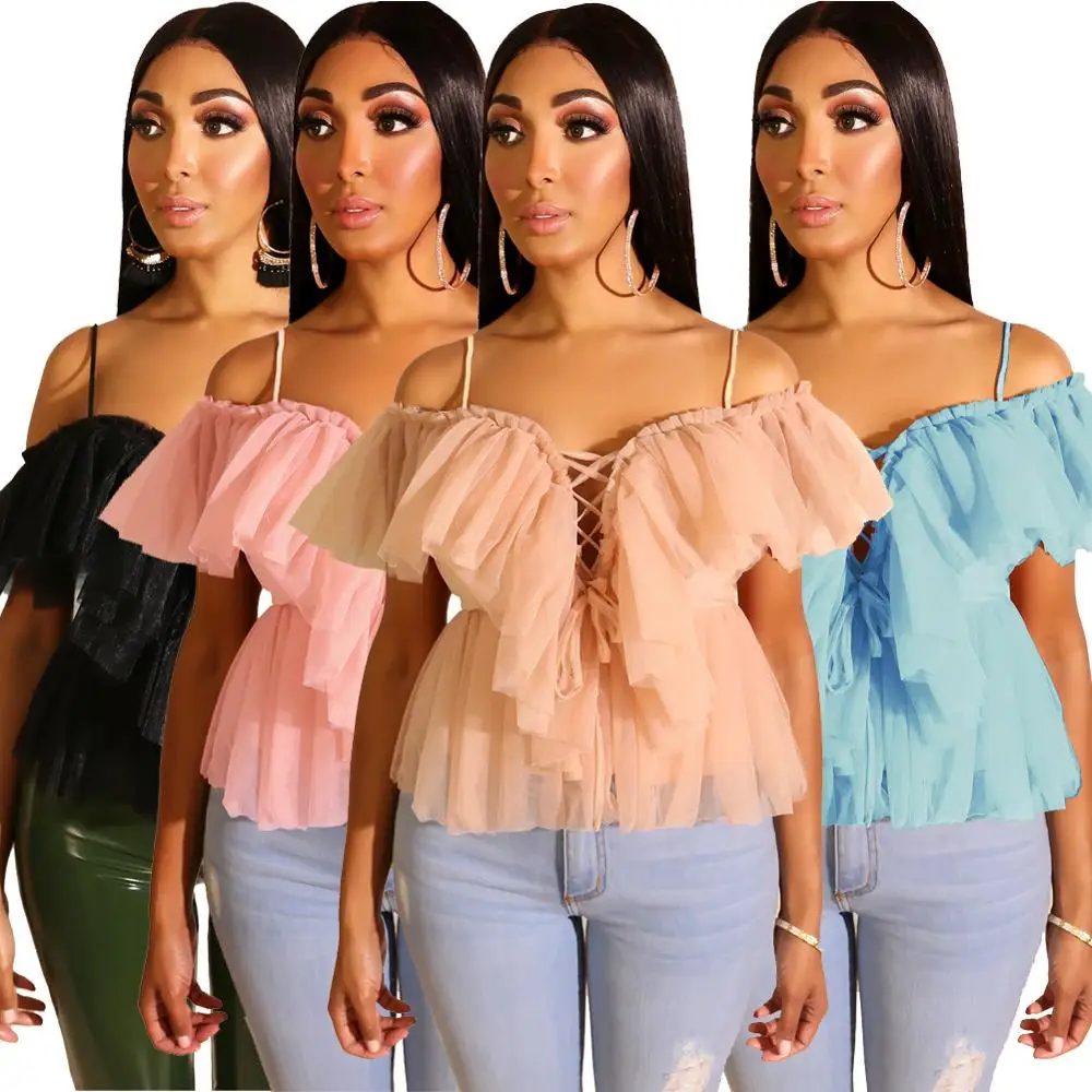 

Newest Fashionable Women Girls Mesh Spaghetti T Shirt Lace up Styles Short Sleeves Tiered Ruffles Backless Sexy Nightclub Tops
