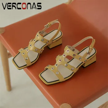 

VERCONAS 2020 Woman Pumps Ankle Strap Woman Sandals Genuine Leather Summer Metal Decoration Square Toe Square Heels Shoes Woman