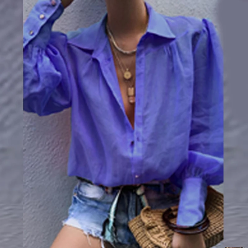 Осенний сексуальный элегантный офисный Топ с воротником, Женский Топ, женская Свободная рубашка с длинным рукавом, Одноцветный Топ на пуговицах