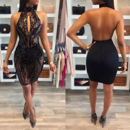 Черное платье обтягивающее с сеткой 2019 летнее сексуальное лямкой на шее открытой