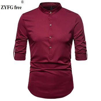 

Fashion long-sleeved men shirts stand collar solid color shirt elegant gentleman casual simple and comfortable men's Tops