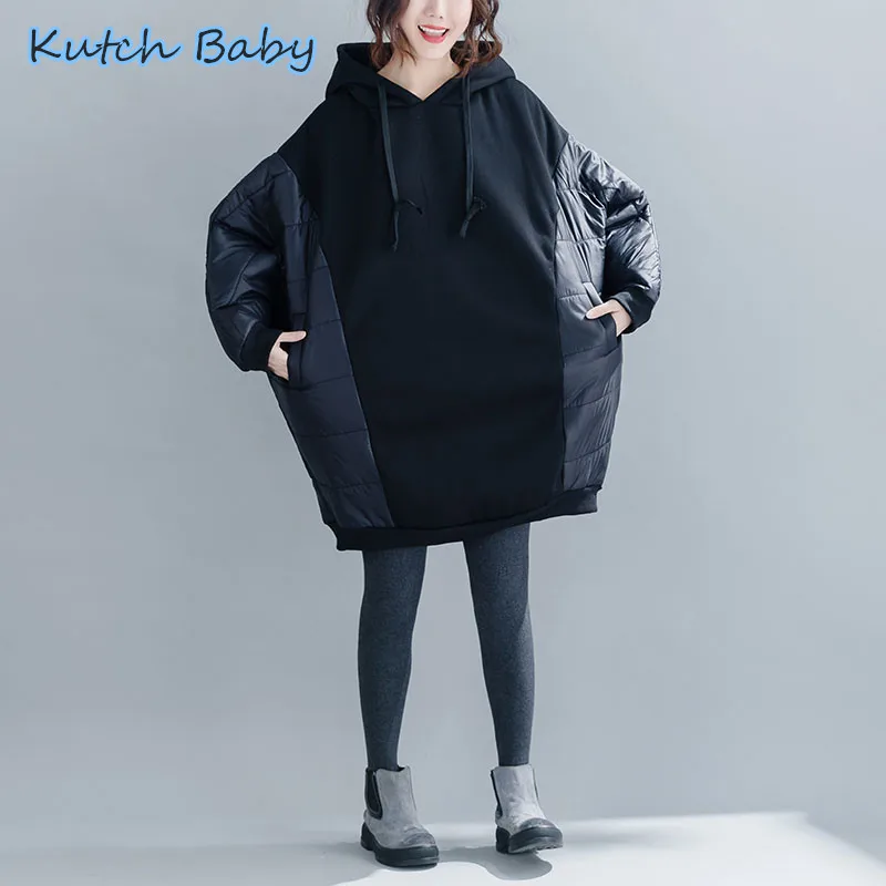 Kutch baby, осенняя и зимняя супер большая женская толстовка с капюшоном, женский топ, пуловер с капюшоном, хлопковая Толстая Флокированная черная панель