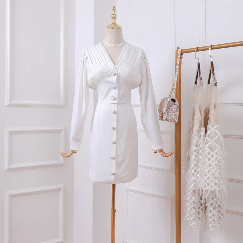 Early spring retro long-sleeved v-neck French puff sleeve high waist diamond shirt + skirt two-piece suit women | Женская одежда