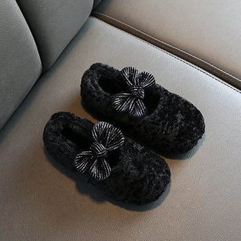 

Casual Sneakers Korean Cute Bow Warm Girls Shoes Black Children's Cotton Shoes Autumn Winter Plus Velvet Kids Shoes