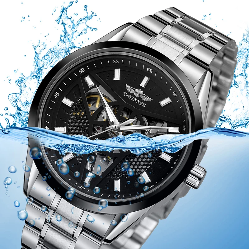 T-WINNER Men Watch Top Brand Mens Luxury Automatic Mechanical Watches Fashion Stainless Steel Skeleton Self Winding Wrist Watch