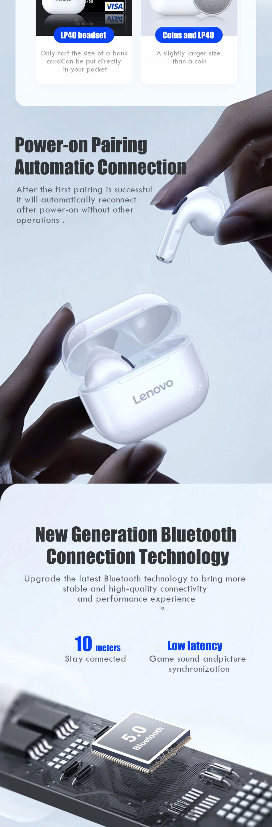 Lenovo LP40 TWS Wireless Bluetooth 5.0 Earphones Mini Headphones with Mic Touch Control Music Sports Waterproof Earbuds Headsets