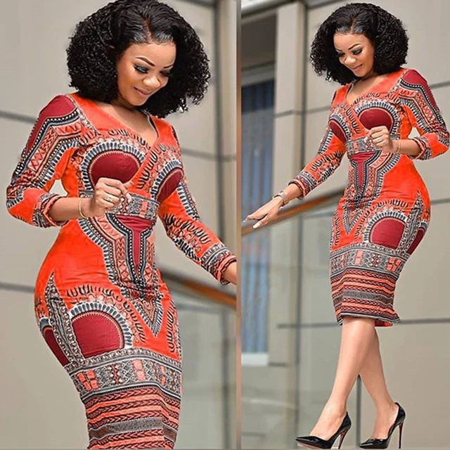Nero Dashiki V-neck Bodycon  Dress
