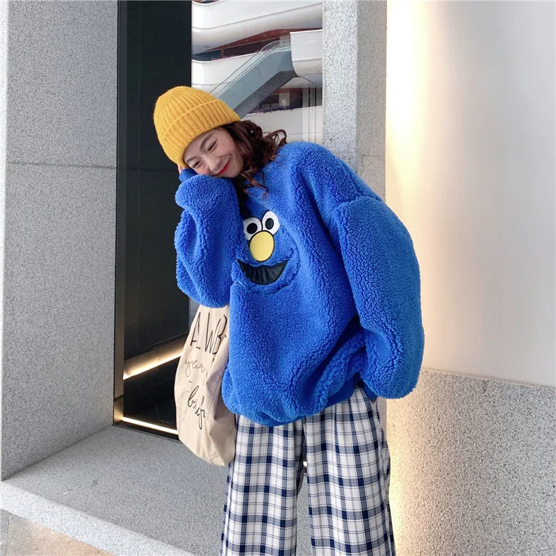 Cartoon Lambs Wool Hoodies Women O Neck Velet Thicken Sweatshirt Autumn Winter Warm Outwear Red Blue Long Sleeve Streetwear W250