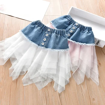 

Cute Summer Girl Skirt Irregular Mesh Denim Skirt Fashion Stitching Korean Style Kids Skirts Wedding Party Children Clothes