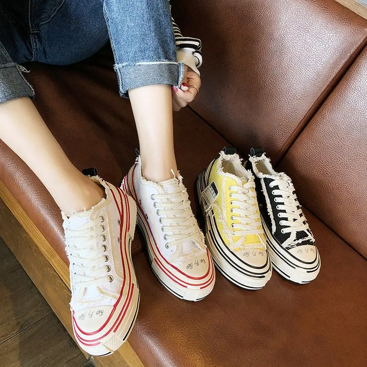 

Retro Torn fabric Canvas Shoes Women Casual Shoes 2019 Trendy Hip Hop Sneakers for Women Autumn Breathable Vulcanized Shoes