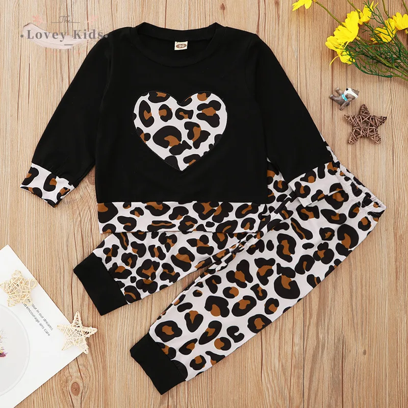 

2020 Autumn Toddler Baby Girl Tracksuit Outfit Leopard Print LOVE Pattern 2PCS Set Long Sleeve Top Pants Cotton Outfit
