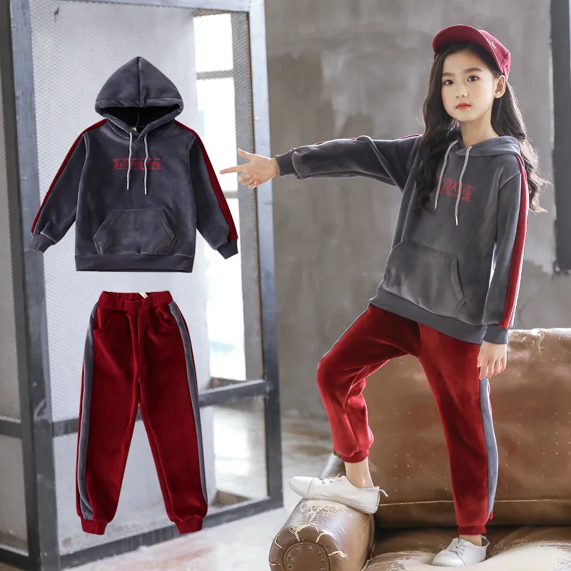 

Childrenswear 2019 Spring And Autumn Winter New Style Girls Korean-style Thick Gold Velvet Set Middle And Large Children Two-Pie