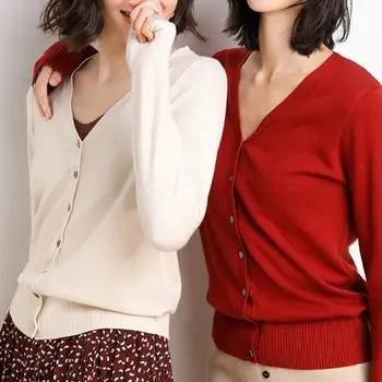 

Women Solid Color V Neck Button Long Sleeve Knitted Cardigan Thin Sweater Coat