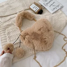 Зимняя новая модная шерстяная сумка с помпоном, женская сумка через плечо в форме сердца, меховой шарик плюшевый, милая сумка на цепочке, женская сумка