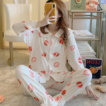 

Womens Pajamas Sets Comfortable Strawberry Print Pajama Set Girl Long Sleeve Sleepwear Set Women Nightshirt Sets Long Pants Pj