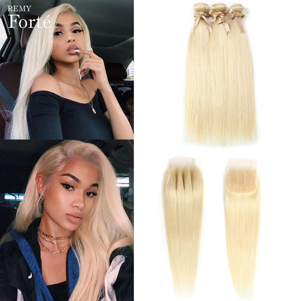 

Remy Forte 613 Bundles With Closure Brazilian Hair Weave Bundles Honey Blonde Straight Bundles With Closure Remy Hair Extension