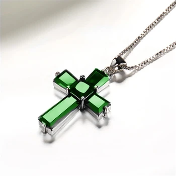 

Cross Emerald Pendants Luxurious S925 Streling Silver Color Necklaces Peridot De Emerald Turquoise Bizuteria for Men Women