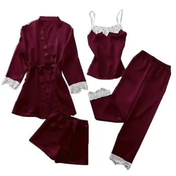 

4Pcs Lady Home Wear Pajamas Strap Top Pants Suit Sleepwear Sets Woman Nightgown Sexy Kimono Sleep Robe Bath Gown Nightdress