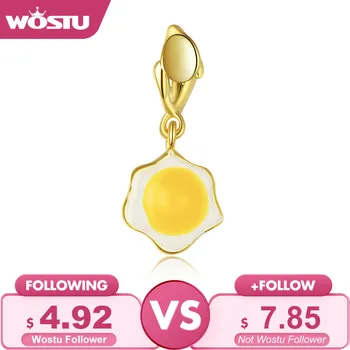 

WOSTU Poached Egg Charm 925 Sterling Silver Plated Gold Bead Yellow Enamel Pendant Fit Original Bracelet DIY Necklace CTC350