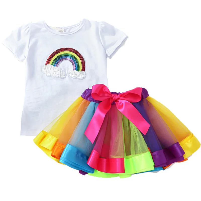 Летнее платье для маленьких девочек Комплект одежды с блестками Радуга футболка