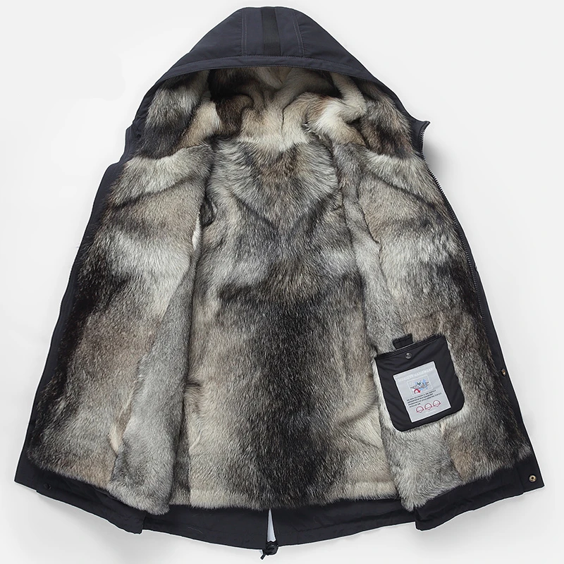 Волчья подкладка для волос зимняя куртка мужская с капюшоном меховая одна теплая парка серая Съемная Натуральная Кожа Травяная подкладка