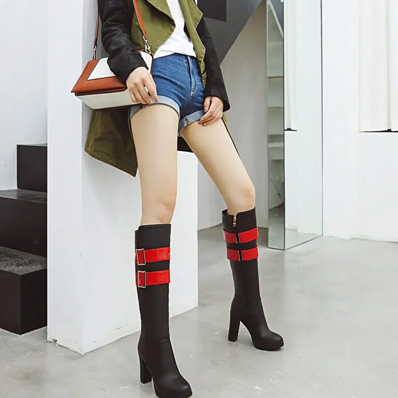 EGONERY пикантная модная женская обувь; зимние 9,5 см Обувь на высоком каблуке сапоги до колена багровый, красный, серый, смешанные цвета
