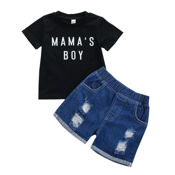 

Children's Short-sleeved Suit 2020 Summer New Boy Letter Short-sleeved T-shirt Denim Shorts Two-piece Suit