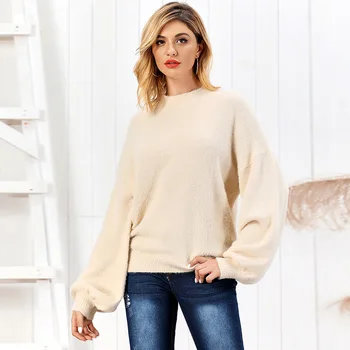 

New Pattern Sweater Women's Winter Dress For Warm And Comfortable Fashion Design Of Half High Collar Lantern Sleeve Mink Texture