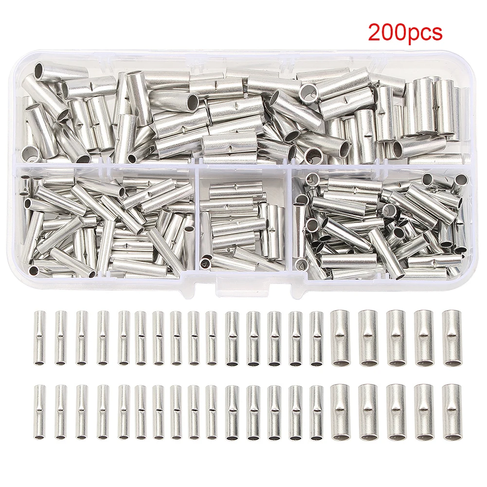 

200pcs Crimping Tube Electrical Wire Sleeve Seamless Non Insulated Butt Connectors Kit Rolled Terminal Splice Bare Copper Tinned