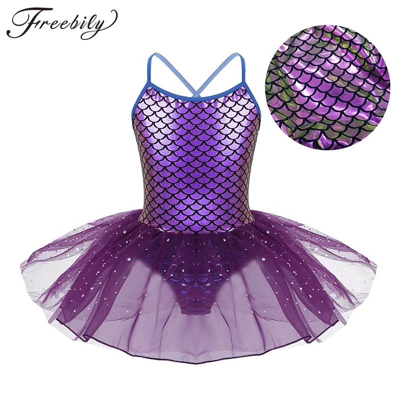 

Tutu Ballet Dress for Girls Glitter Mermaid Costume Spaghetti Straps Scales Pattern Printed ballerina dress kids stage dancewear