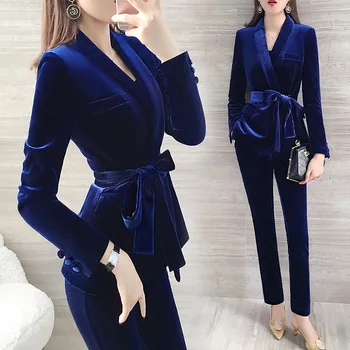 

Winter velvet suit pants suit Women's Blazer suit and pencil pants two-piece pants suit elegant Women suit jacket blazer set