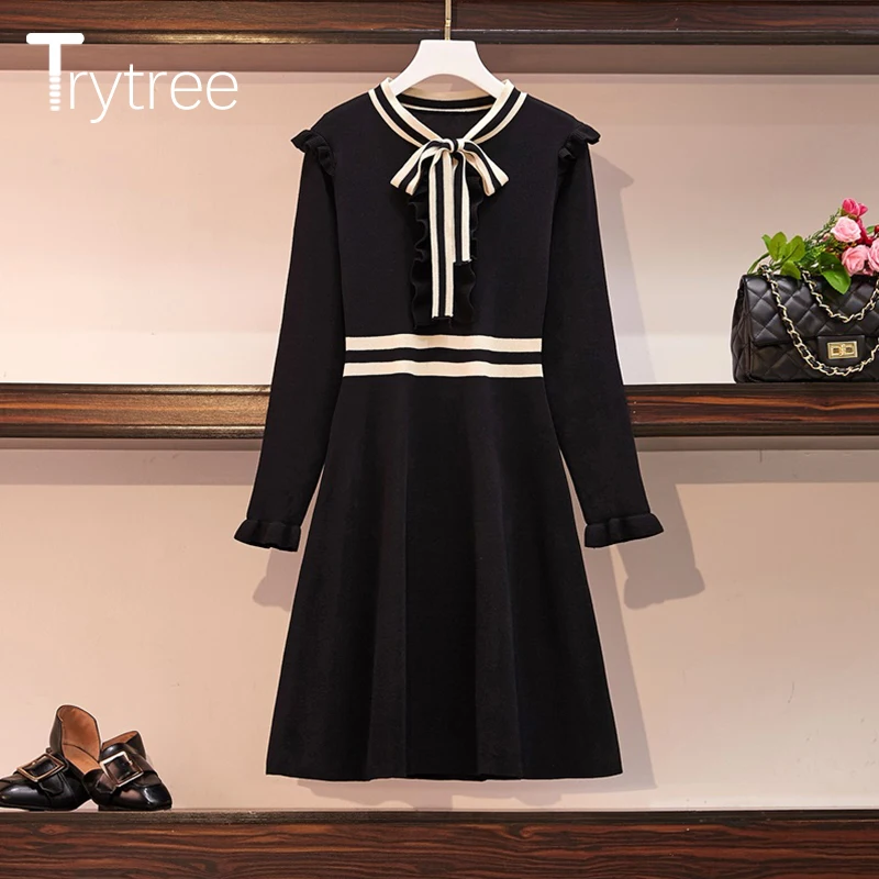 Cena Trytree 2019 jesienno zimowa damska casualowa sukienka z lamówką elegancka, z kokardą Patchwork 3 kolor line luźna moda urząd Lady Mini sukienka