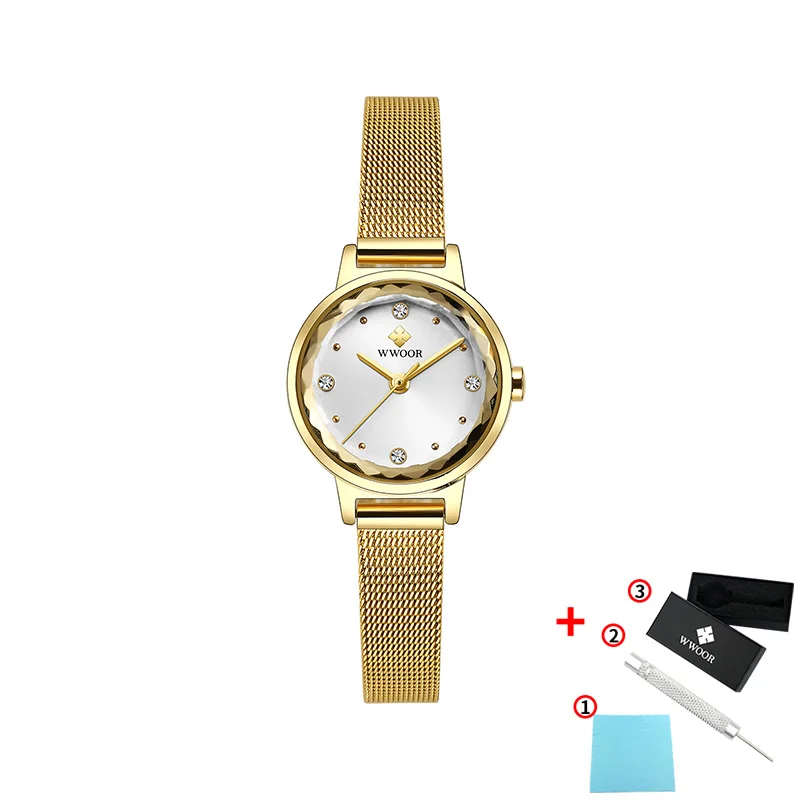 gold white WWOOR модные водонепроницаемые часы с кофейным бриллиантом Роскошные повседневные женские кварцевые часы Relogio Feminino дропшиппинг - Цвет: gold white