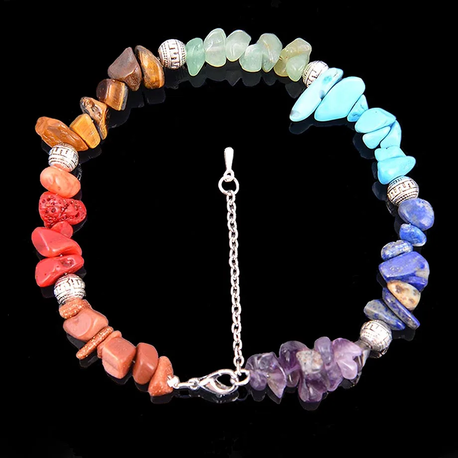 7 Chakra Reiki Women Bracelets Chain Link Lobster Clasp Healing Balance Natural Chip Stone Beads Meditation Rainbow B108 - Окраска металла: B109