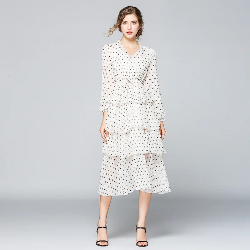 

2019 Spring And Summer New Style Europe And America Printed French Non-mainstream Dress Polka Dot V-neck Mid-length Cake Dress D