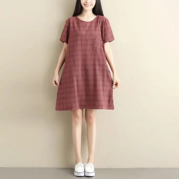 

2018 Summer Wear New Style Literature And Art Hipster Plaid Loose-Fit Crew Neck Hemp Cotton Mid-length Dress Women's S20303