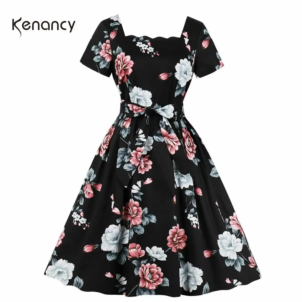 Kenancy Floral Print Short Sleeves Summer Retro Dress 60s Rockabilly Swing Vintage Square Collar Belts Party Vestidos New | Женская