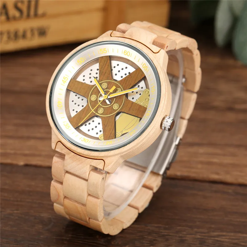 Handmade Bamboo Watch Wheel Dial Design Men's Wooden Wristwatch Quartz Display Full Wood Bracelet Band Woody Clock Timepiece