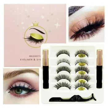 

5 Pairs of Magnetic Eye Lashes and Eyeliner Set False Eyelashes Magnet Extension Liquid Eyeliner & Tweezers Set Waterproof