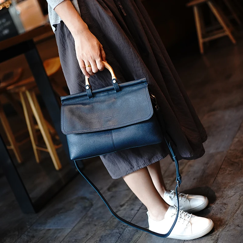 Navy Blue WOONAM, Женская Изысканная сумка, ограниченная серия, топ скрывает, натуральная итальянская телячья кожа, большая сумка с деревянной ручкой WB784 - Цвет: Navy Blue